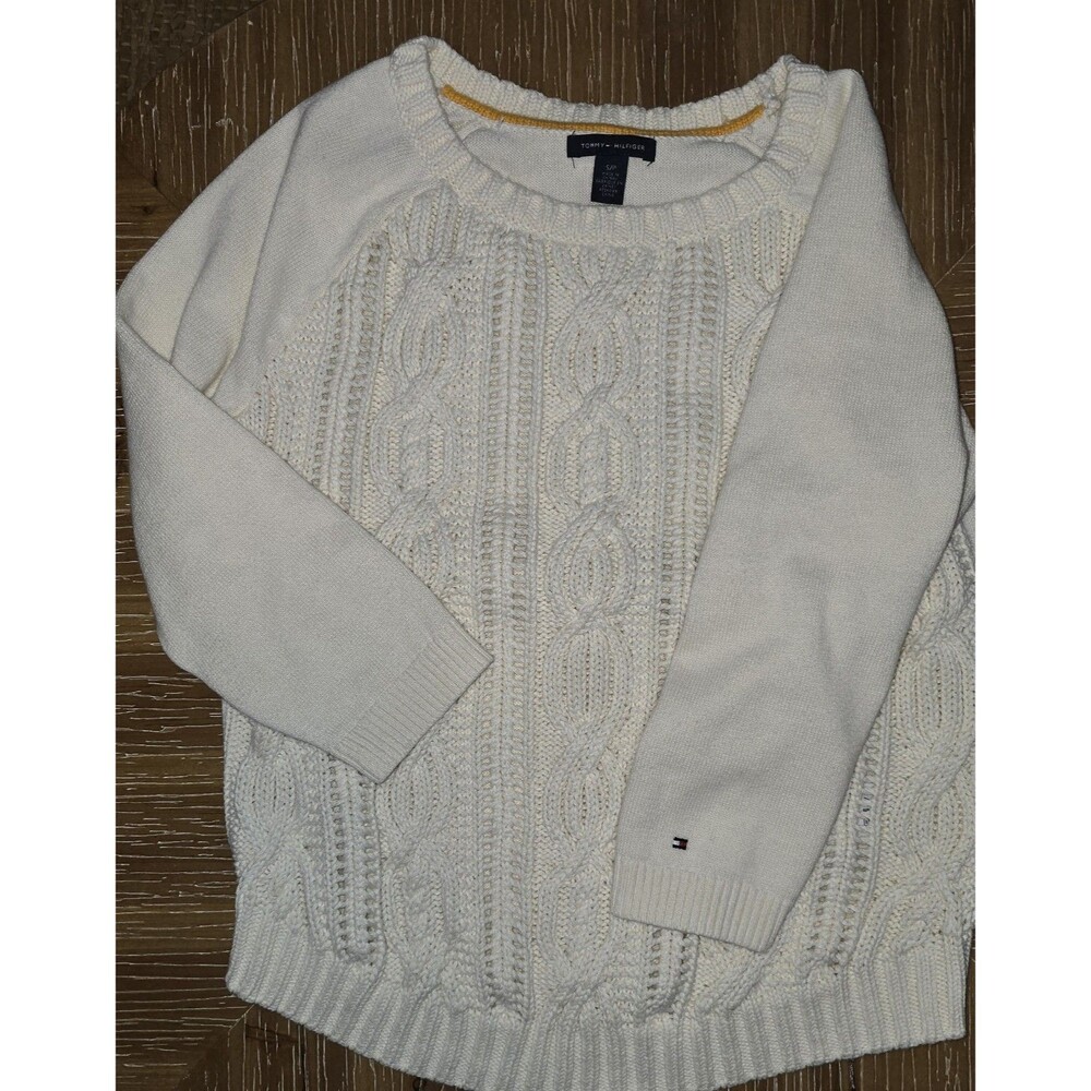 Tommy Hilfiger women Cable Knit sweater 3/4 Sleeve Size Small Cream / White